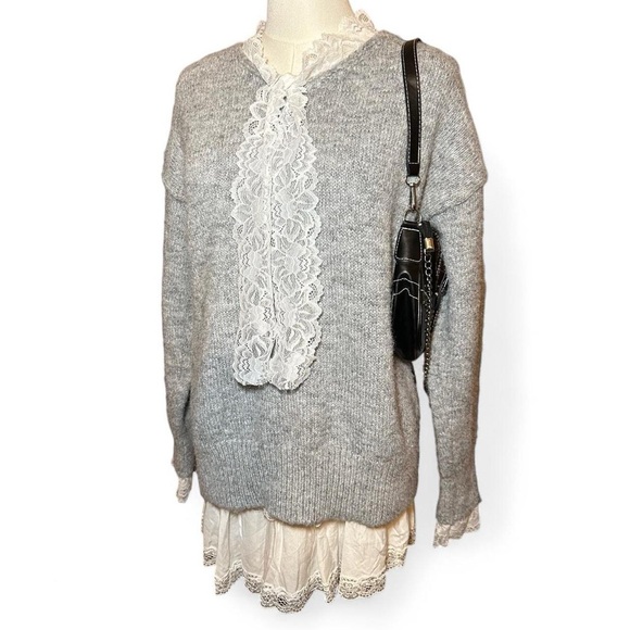 Victorian Coquette Gray Women's Sweater with Lace Collar and Cuffs - Picture 2 of 6